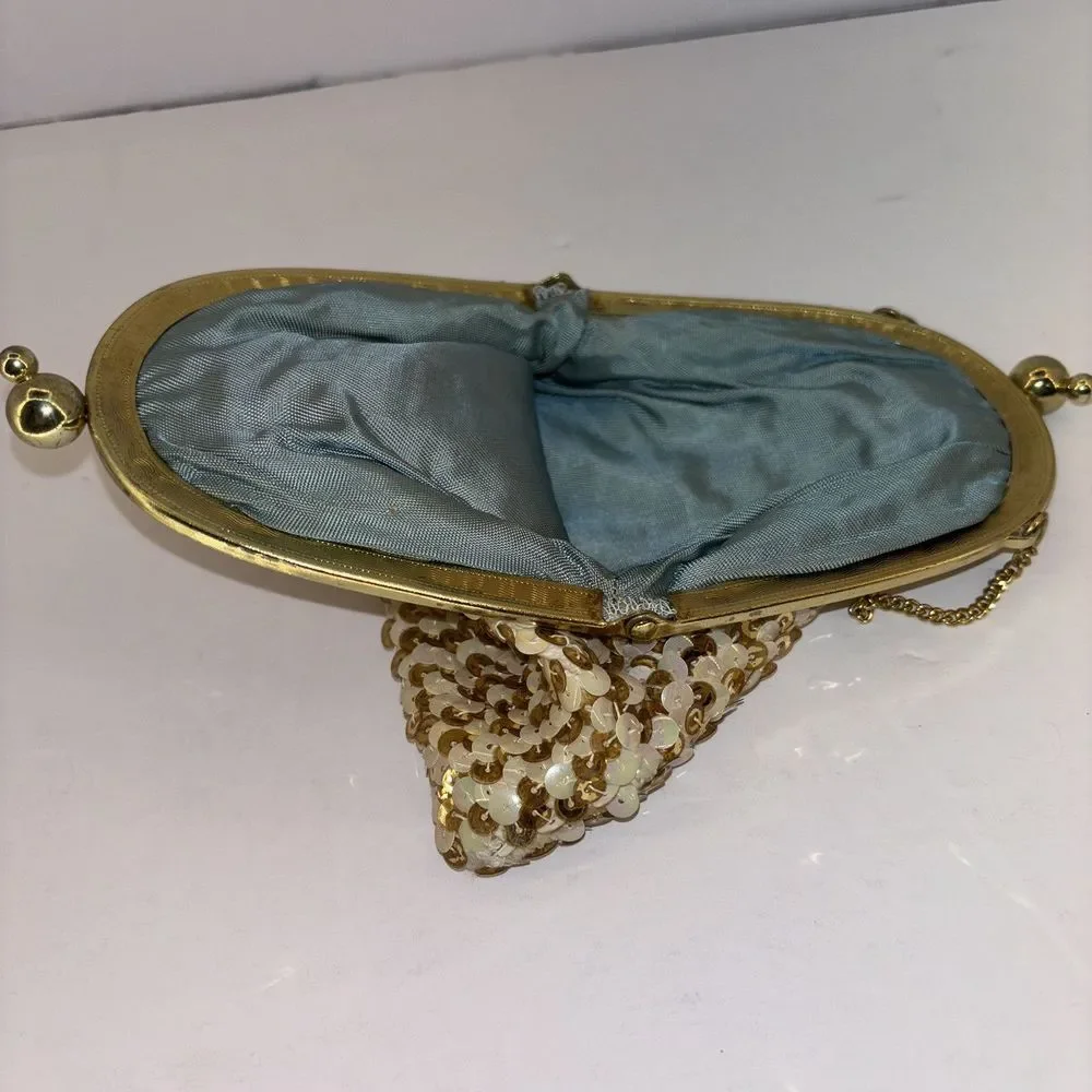 Vintage 1950s Sequin Evening Bag Gold-Iridescent White Metal‎ Frame Purse